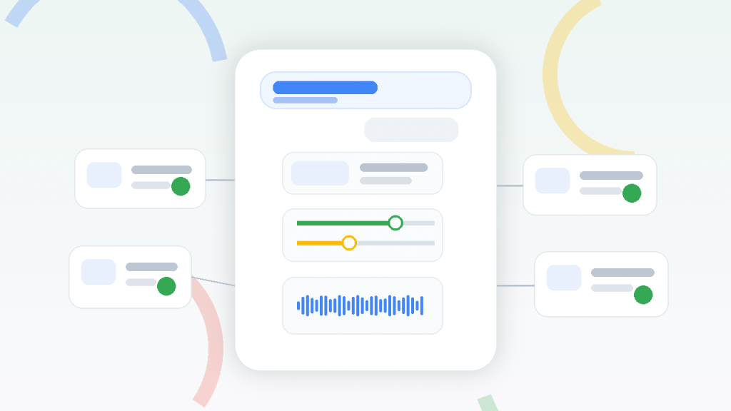抽象手机信息流、偏好滑块和出版方卡片，表现 Google Search、Discover 与 News 的个性化分发变化