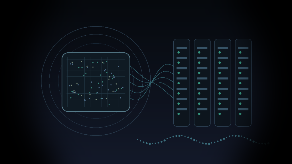 Abstract silicon wafer, AI inference racks, and data-flow arcs for AMD Taalas model-specific chips