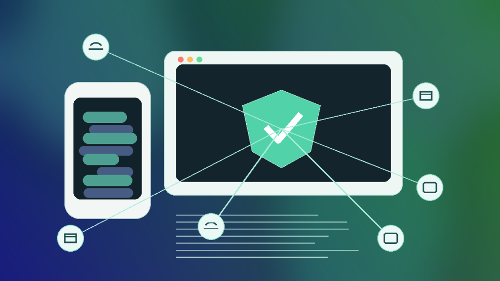 Abstract tech illustration showing a phone, browser window, approval shield, and connected nodes for personal AI agent permissions